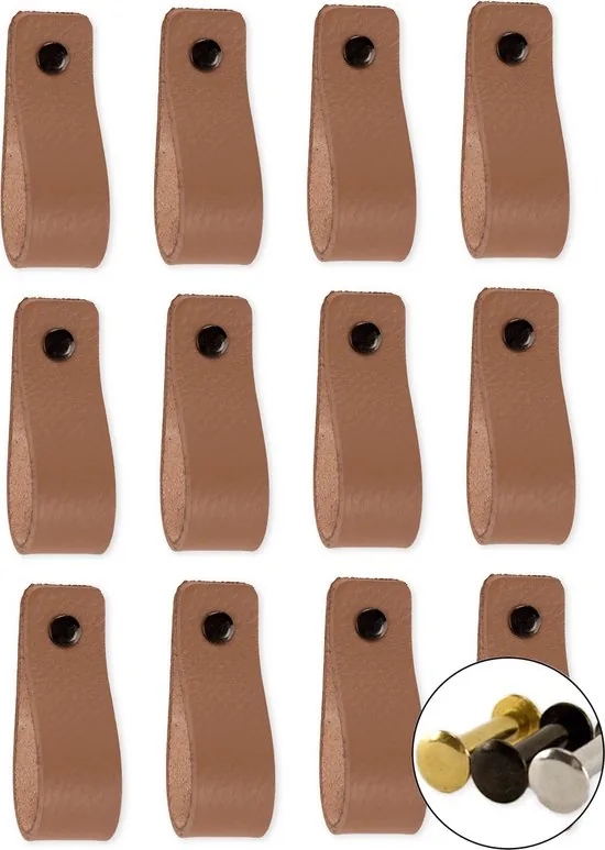 Leren handgrepen - Taupe - 12 stuks - 16,5 x 2,5 cm - incl. 3 kleuren schroeven voor de leren handgreep - Handgrepen leer - Leren meubelgreep - Afbeelding 1