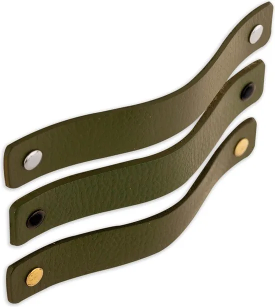 Leren handgrepen - Olijf groen - 2 stuks - 16,5 x 2,5 cm - incl. 3 kleuren schroeven - Groene handgrepen leer - Leren meubelgreep thumbnail 5