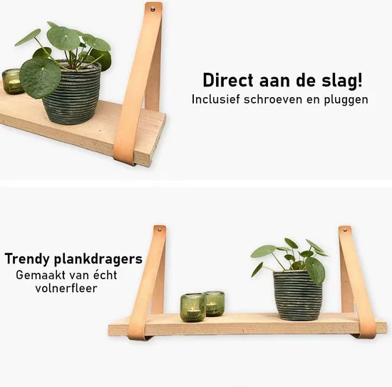 Leren plankdragers - Naturel - 4 stuks - Echt lederen planken dragers - Wandplank industrieel - Legplankdrager - Schapdrager thumbnail 6
