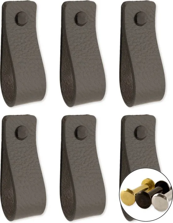 Leren handgrepen - Grijs - 6 stuks - 16,5 x 2,5 cm - incl. 3 kleuren schroeven voor de leren handgreep - Handgrepen leer - Leren meubelgreep - Afbeelding 1