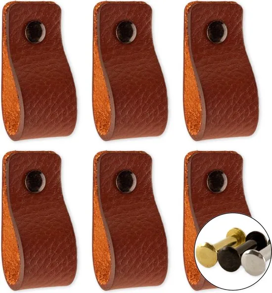 Leren handgrepen - Cognac - 6 stuks - 12,5 x 2,5 cm - incl. 3 kleuren schroeven - Handgrepen leer - Leren meubelgreep - Afbeelding 1