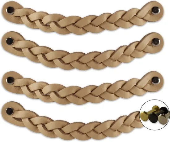 Leren handgrepen - Naturel - 4 stuks - Gevlochten - 20 x 2,5 cm - incl. 3 kleuren schroeven - Afbeelding 1