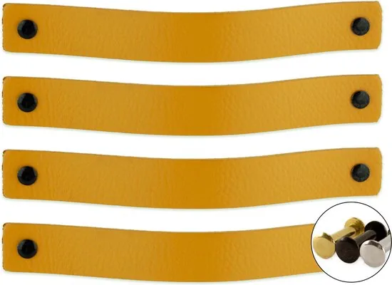 Leren handgrepen - Okergeel - 4 stuks - 20,0 x 2,5 cm - incl. 3 kleuren schroeven - Gele handgrepen leer - Leren meubelgreep thumbnail 1