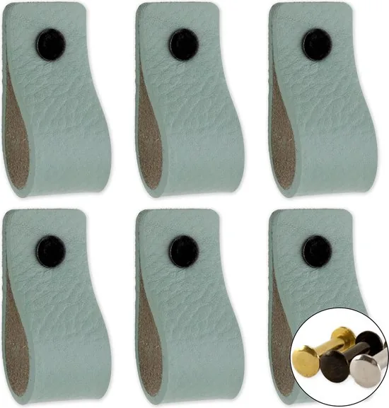 Leren handgrepen - Vaalgroen - 24 stuks - 12,5 x 2,5 cm - incl. 3 kleuren schroeven - Groene handgrepen leer - Leren meubelgreep thumbnail 1