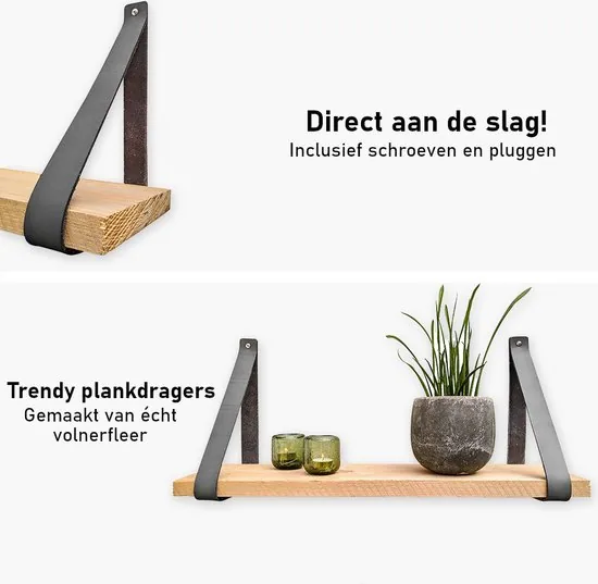 Leren plankdragers - Grijs - 4 stuks - Echt leer - Grijze plankendragers - Wandplank industrieel - Legplankdrager thumbnail 4