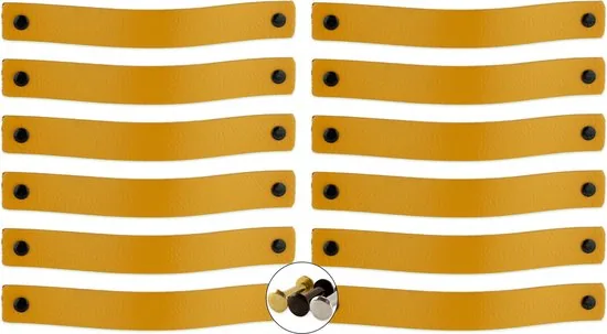 Leren handgrepen - Okergeel - 12 stuks - 20,0 x 2,5 cm - incl. 3 kleuren schroeven - Gele handgrepen leer - Leren meubelgreep - Afbeelding 1