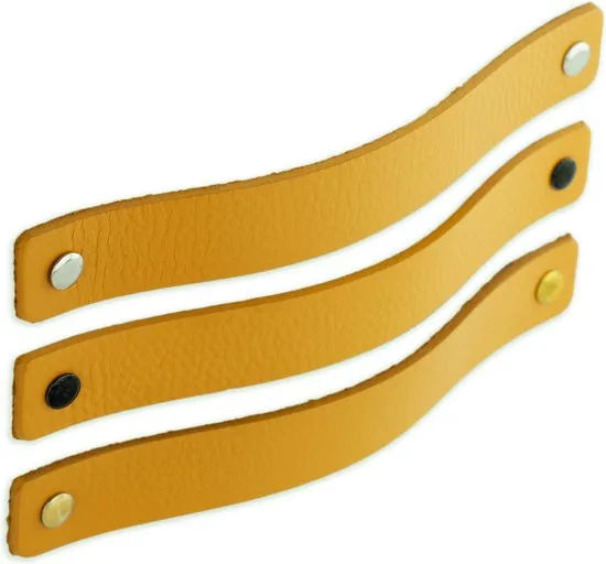 Leren handgrepen - Okergeel - 12 stuks - 20,0 x 2,5 cm - incl. 3 kleuren schroeven - Gele handgrepen leer - Leren meubelgreep thumbnail 5