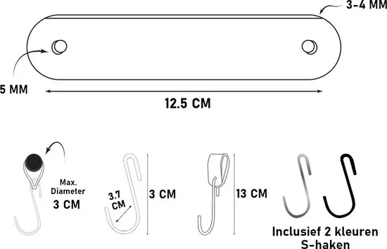 Brute Strength - Leren ronde S-haak hangers - Zwart - 2 stuks - 12,5 x 2,5 cm - Zwart zilver - Leer thumbnail 8