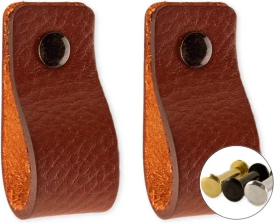 Leren handgrepen - Cognac - 2 stuks - 12,5 x 2,5 cm - incl. 3 kleuren schroeven - Handgrepen leer - Leren meubelgreep - Afbeelding 1