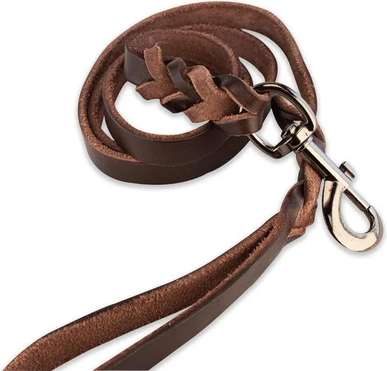 Leren hondenriem - 140cm - bruin met zwart - gevlochten hondenriem - 100% volnerfleer thumbnail 5