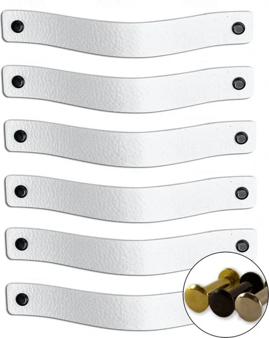 Leren handgrepen - Wit - 6 stuks - 20,0 x 2,5 cm - incl. 3 kleuren schroeven - Witte Handgrepen leer - Leren meubelgreep - Afbeelding 1