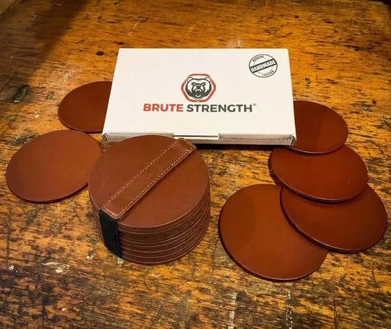 Brute Strength - Onderzetters voor glazen - Leer - Cognac - Rond - 14 stuks - Leren onderzetters thumbnail 4