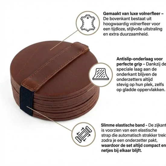 Brute Strength - Onderzetters voor glazen - Leer - Cognac - Rond - 14 stuks - Leren onderzetters thumbnail 6
