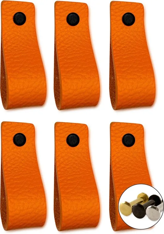 Leren handgrepen - Oranje - 6 stuks - 16,5 x 2,5 cm - Handgrepen leer - Leren meubelgreep - Leren handvaten kast thumbnail 1
