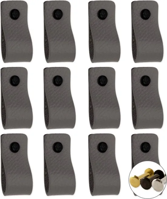 Leren handgrepen - Grijs - 12 stuks - 12,5 x 2,5 cm - incl. 3 kleuren schroeven - Grijze handgrepen leer - Leren meubelgreep thumbnail 1
