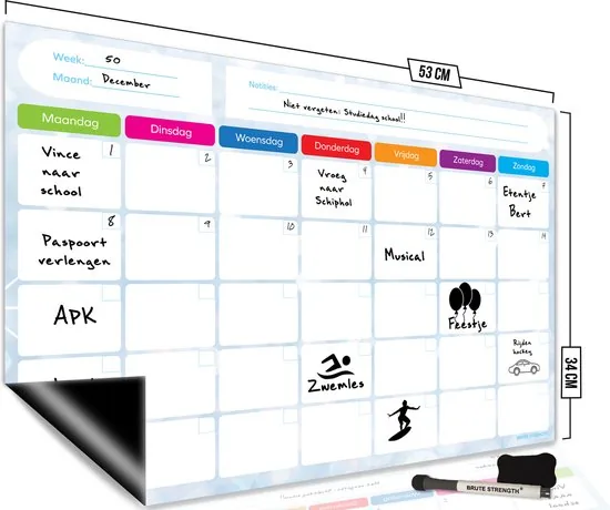 Brute Strength - Magnetisch Weekplanner whiteboard (25) - 53 x 34 cm - Planbord - Familieplanner - Gezinsplanner - To Do Planner - Afbeelding 1