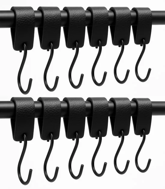 Brute Strength - Leren S-haak hangers - Zwart - 12 stuks - 12,5 x 2,5 cm - Zwart zilver - Leer - Afbeelding 1
