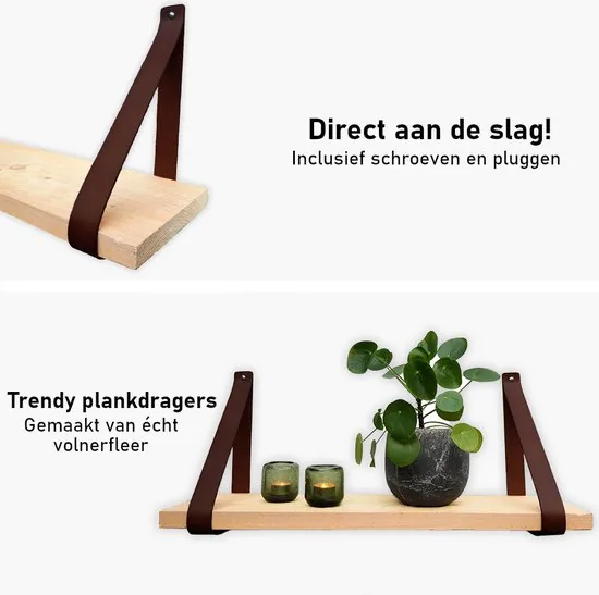 Leren plankdragers - Bruin - 6 stuks - Echt leer - Bruine plankendragers - Wandplank industrieel - Legplankdrager thumbnail 5