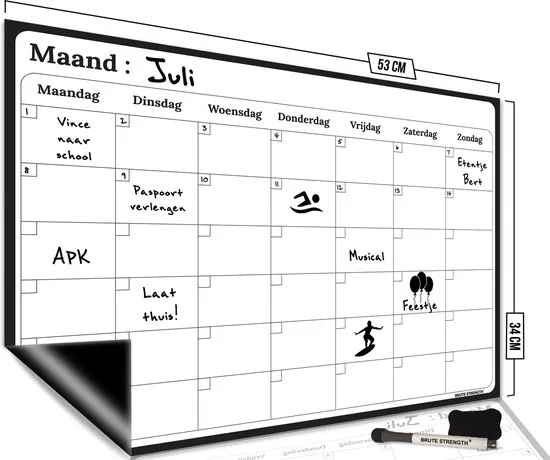 Brute Strength - Magnetisch Weekplanner whiteboard (1) - 53 x 34 cm - Planbord - Familieplanner - Gezinsplanner - To Do Planner - Afbeelding 1
