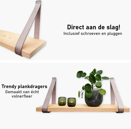 Leren plankdragers - Licht grijs - 6 stuks - Echt leer - Grijze plankendragers - Wandplank industrieel - Legplankdrager thumbnail 6