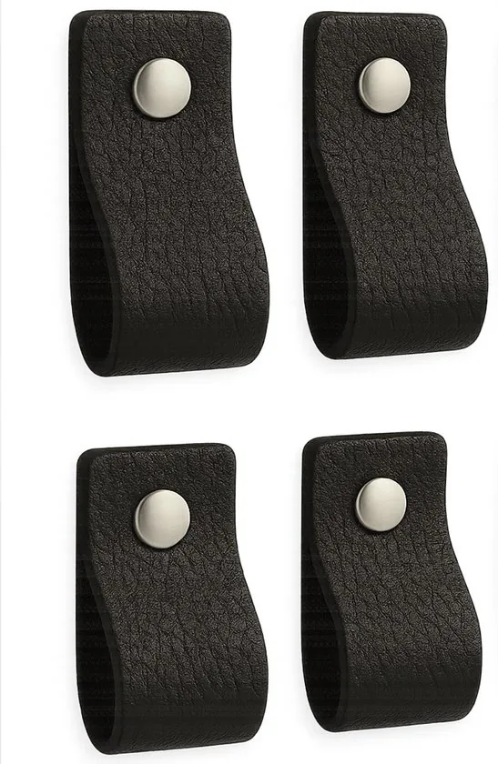 Leren handgrepen - Zwart - 4 stuks - 12,5 x 2,5 cm - incl. 3 kleuren schroeven - Handgrepen leer - Zwarte leren meubelgreep thumbnail 1