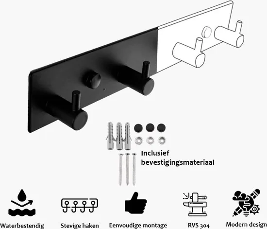 Brute Strength - RVS Kapstok - 4 haken - 25 cm - Mat Zwart - Wandkapstok - Kapstok hangend industrieel thumbnail 4