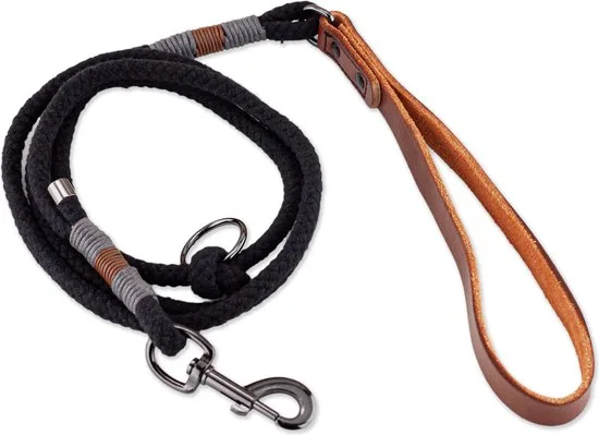 Brute Strength - Hondenriem - 180cm - Zwart/Cognac/Grijs - Handgemaakt - Luxe handvat van leer - 100% volnerfleer thumbnail 1