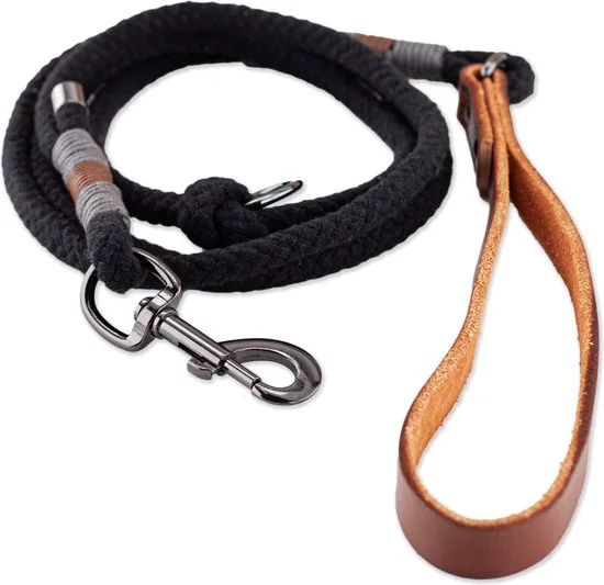 Brute Strength - Hondenriem - 180cm - Zwart/Cognac/Grijs - Handgemaakt - Luxe handvat van leer - 100% volnerfleer thumbnail 6