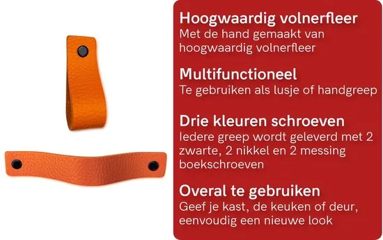 Leren handgrepen - Oranje - 2 stuks - 16,5 x 2,5 cm - incl. 3 kleuren schroeven - Handgrepen leer - Leren meubelgreep thumbnail 2