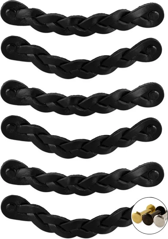 Leren handgrepen - Zwart - 6 stuks - Gevlochten - 16,5 x 2,5 cm - Handgreep zwart - Handgrepen leer thumbnail 1