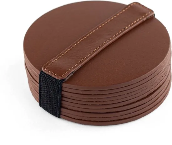 Brute Strength - Onderzetters voor glazen - Leer - Cognac - Rond - 10 stuks - Leren onderzetters - Afbeelding 1