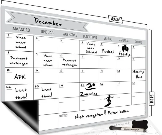 Brute Strength - Magnetisch Weekplanner whiteboard (2) - 53 x 34 cm - Planbord - Familieplanner - Gezinsplanner - To Do Planner - Afbeelding 1