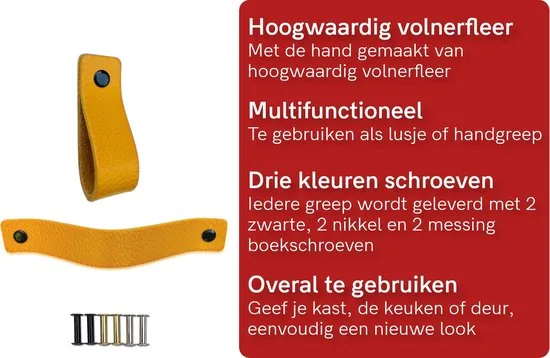 Leren handgrepen - Okergeel - 6 stuks - 16,5 x 2,5 cm - incl. 3 kleuren schroeven voor de leren handgreep - Gele handgrepen leer - Leren meubelgreep thumbnail 2