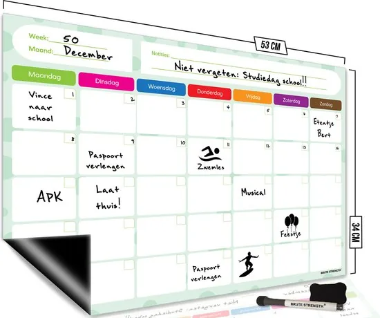 Brute Strength - Magnetisch Weekplanner whiteboard (8) - 53 x 34 cm - Planbord - Familieplanner - Gezinsplanner - To Do Planner - Afbeelding 1