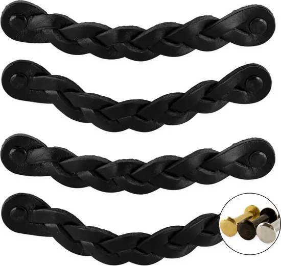 Leren handgrepen - Zwart - 4 stuks - Gevlochten - 16,5 x 2,5 cm -- Handgreep zwart - Handgrepen leer - Leren meubelgreep - Afbeelding 1