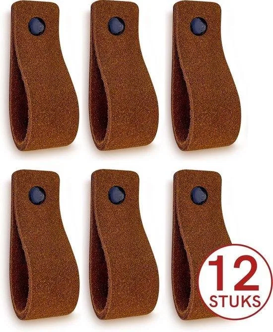 Leren handgrepen van zacht suede - Cognac - 24 stuks - 16,5 x 2,5 cm - incl. 3 kleuren schroeven - Handgrepen leer - Leren meubelgreep thumbnail 1