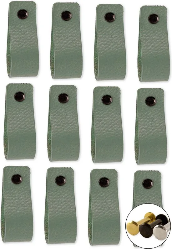 Leren handgrepen - Vaalgroen - 12 stuks - 16,5 x 2,5 cm - incl. 3 kleuren schroeven voor de leren handgreep - Handgrepen leer - Leren meubelgreep - Afbeelding 1