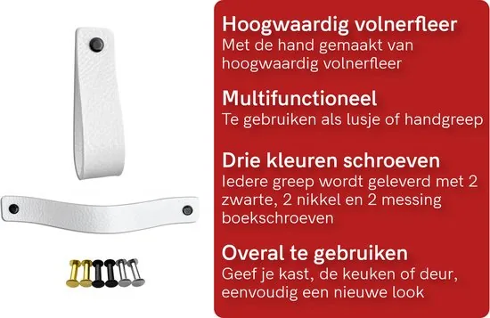 Leren handgrepen - Wit - 4 stuks - 20,0 x 2,5 cm - incl. 3 kleuren schroeven - Witte Handgrepen leer - Leren meubelgreep thumbnail 2