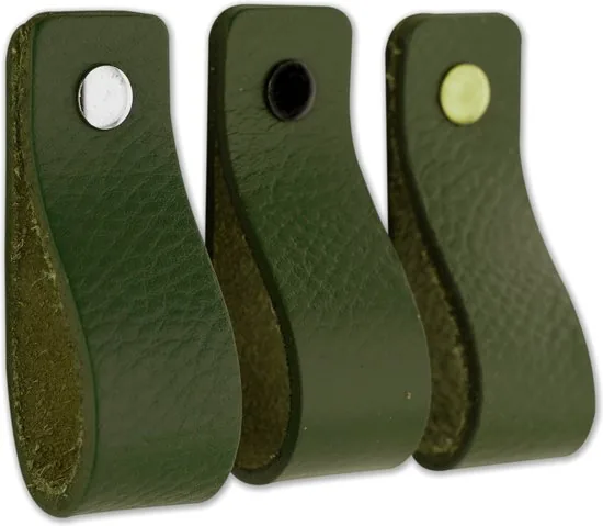Leren handgrepen - Olijf groen - 4 stuks - 16,5 x 2,5 cm - incl. 3 kleuren schroeven - Groene handgrepen leer - Leren meubelgreep thumbnail 6