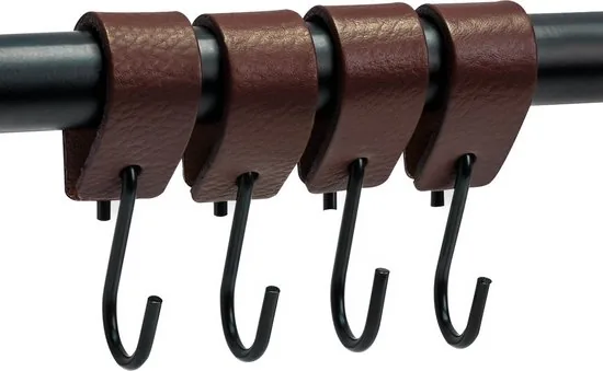 Brute Strength - Leren S-haak hangers - Bruin - 4 stuks - 12,5 x 2,5 cm - Zwart zilver - Leer - Afbeelding 1