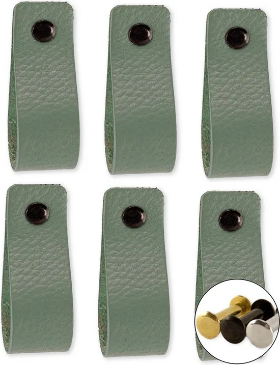 Leren handgrepen - Vaalgroen - 6 stuks - 16,5 x 2,5 cm - incl. 3 kleuren schroeven voor de leren handgreep - Handgrepen leer - Leren meubelgreep - Afbeelding 1