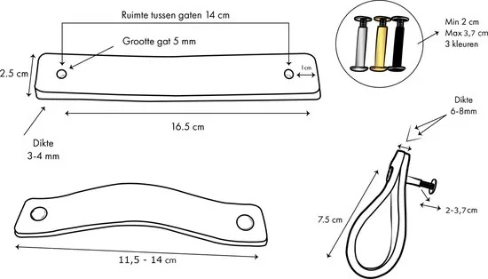 Leren handgrepen - Wit - 6 stuks - 16,5 x 2,5 cm - incl. 3 kleuren schroeven - Witte Handgrepen leer - Leren meubelgreep thumbnail 2