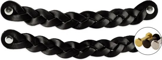 Leren handgrepen - Zwart - 2 stuks - Gevlochten - 20 x 2,5 cm - incl. 3 kleuren schroeven - Handgrepen leer - Afbeelding 1