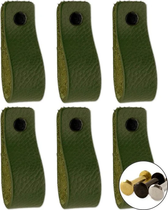 Leren handgrepen - Olijf groen - 12 stuks - 16,5 x 2,5 cm - incl. 3 kleuren schroeven - Groene handgrepen leer - Leren meubelgreep - Afbeelding 1