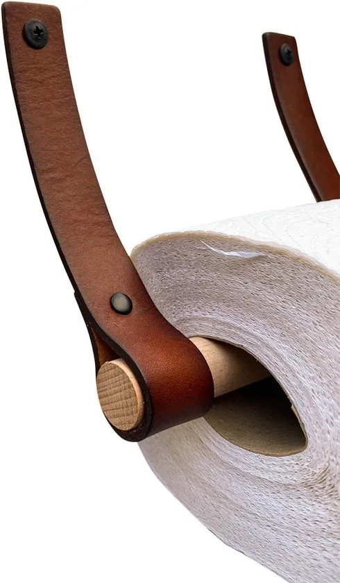 Leren Toiletrolhouder - Cognac - 2 stuks - 100% Volnerfleer Toiletrolhouders - WC rolhouder hangend thumbnail 2