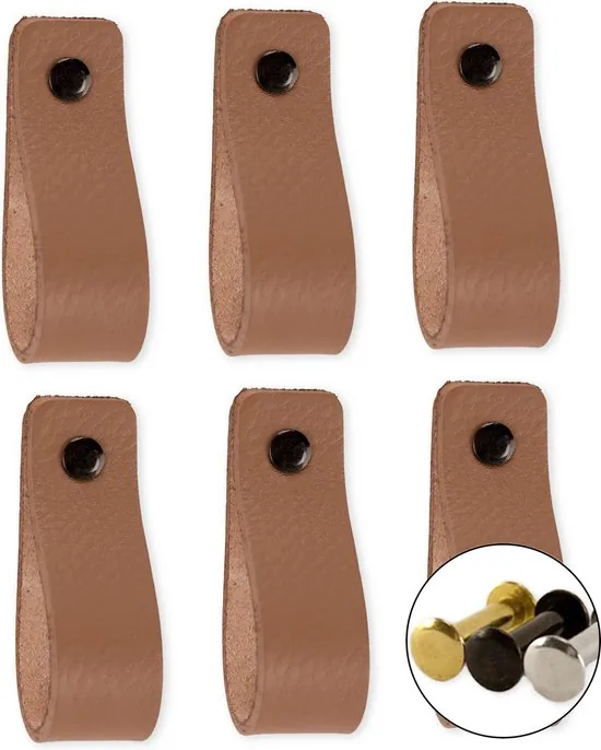 Leren handgrepen - Taupe - 6 stuks - 16,5 x 2,5 cm - incl. 3 kleuren schroeven voor de leren handgreep - Handgrepen leer - Leren meubelgreep - Afbeelding 1