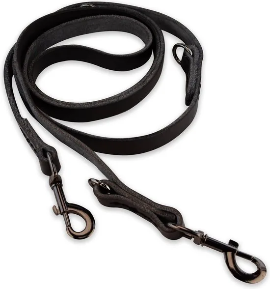Multifunctionele Hondenriem - 220cm - volledig zwart - leren hondenriem - 100% volnerfleer thumbnail 2