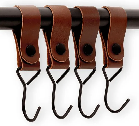 Brute Strength - Multifunctionele Haak Met Lederen Lus - Cognac - 4 stuks - Kapstokhaak - Kampeerhaak - Leer - Afbeelding 1