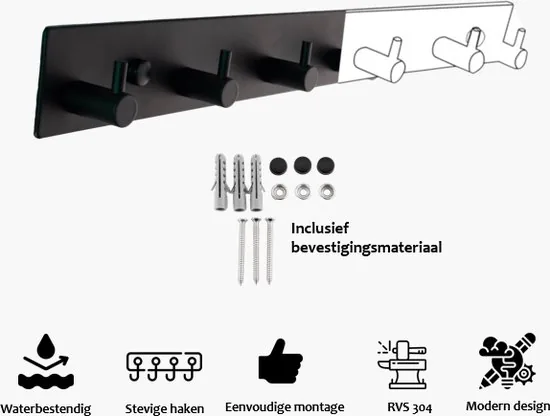 Brute Strength - RVS Kapstok - 6 haken - 39 cm - Mat Zwart - Wandkapstok - Hangende Design Muurkapstok thumbnail 4