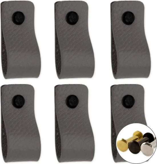 Leren handgrepen - Grijs - 6 stuks - 12,5 x 2,5 cm - incl. 3 kleuren schroeven - Grijze handgrepen leer - Leren meubelgreep thumbnail 1
